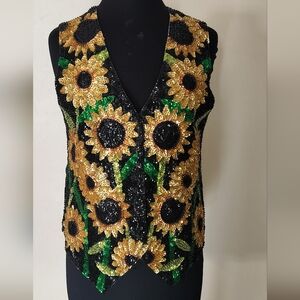 Sequin Sunflower Vest - Black, Gold & Green
